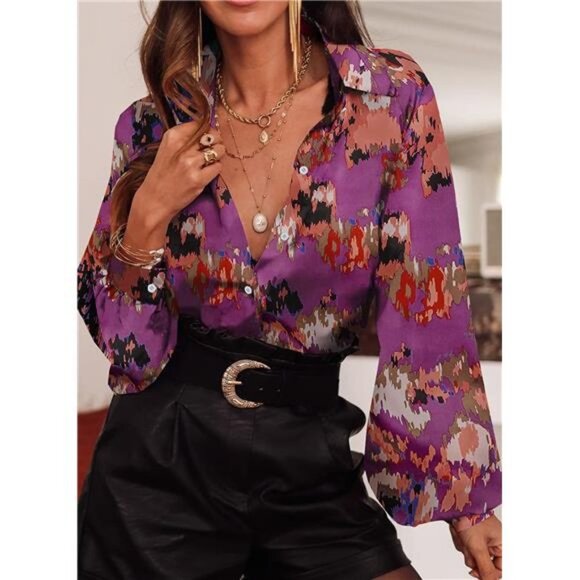 Abstract Print Button Up Shirt Casual Long Puff Sleeve Blouse Boho Dressy Top - Picture 1 of 5